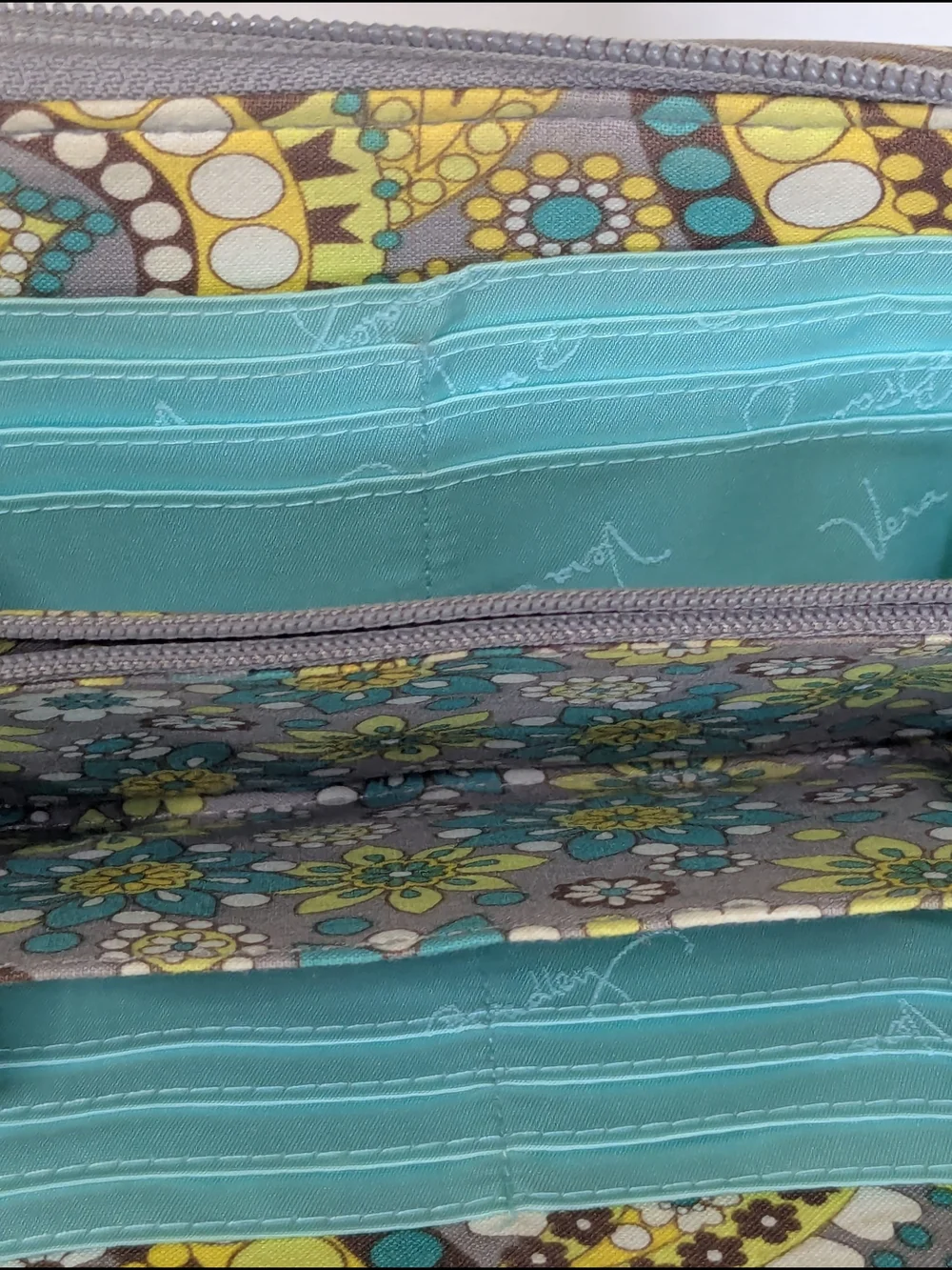 Vera Bradley Zip Around Wallet Paisley Floral Quilted Cotton Gray Yellow Blue